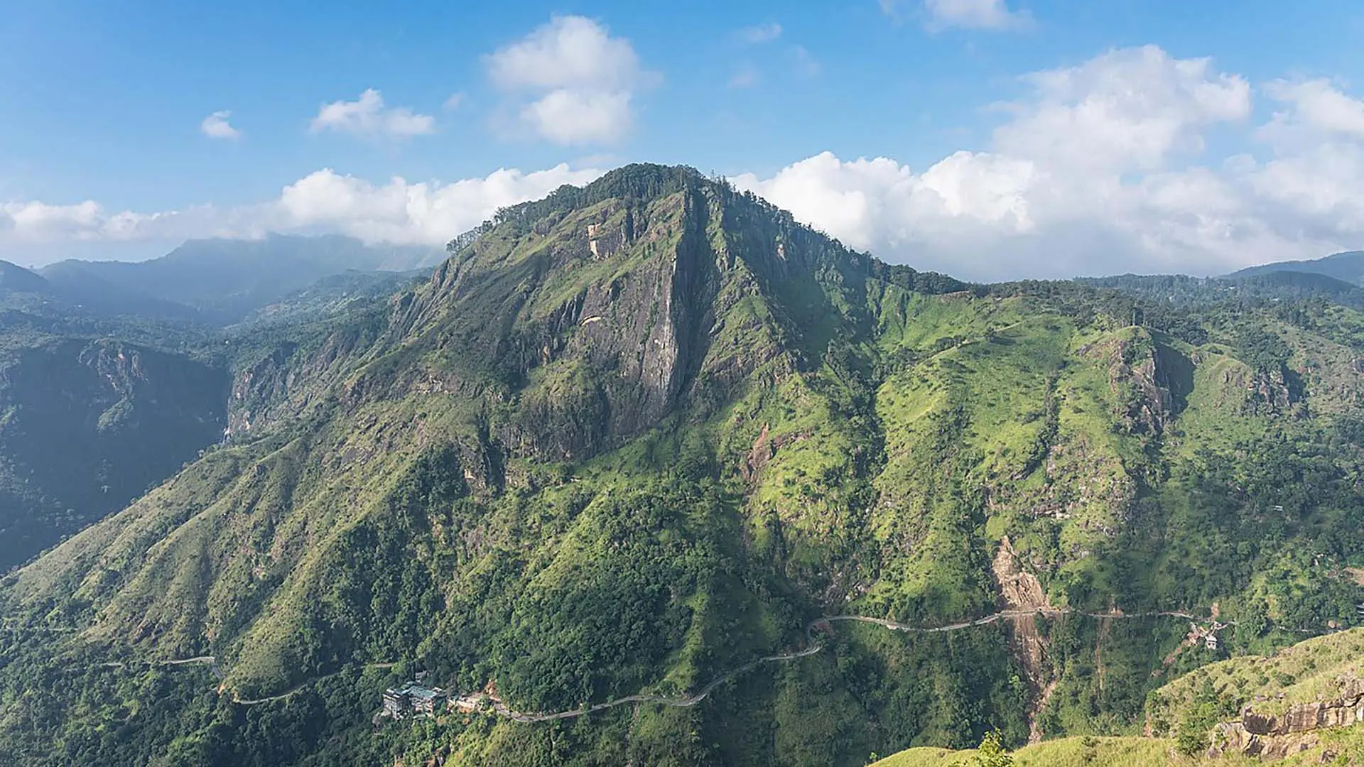 Little Adam's Peak with lush greenery and a winding path surrounded by rolling hills under a clear blue sky with scattered clouds.